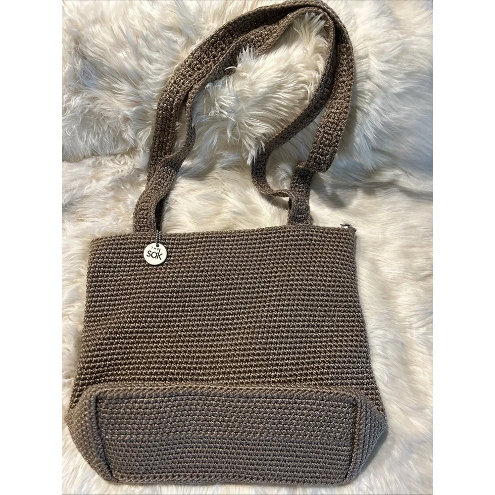 The Sak Crochet Shoulder Bag Purse Lined Taupe Brown Double Handle